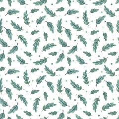 Watercolor seamless pattern with  green leaves and polka dots on white. Nice nature textile. Great for fabrics, wrapping papers, covers. Hand painted illustration.