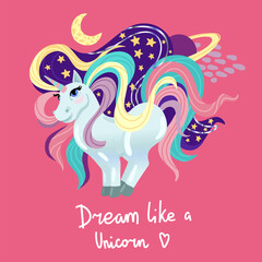 Unicorn stands, stars and the moon around. Space on pink background. Colored large mane. Vector children's cartoon illustration.