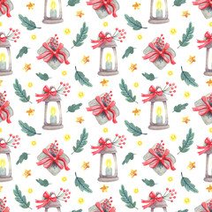 Watercolor seamless pattern with lanterns, gift boxes tied with ribbon bows on white. Christmas textile. Great for fabrics, wrapping papers, covers, Xmas design. Red, yellow and green colors.