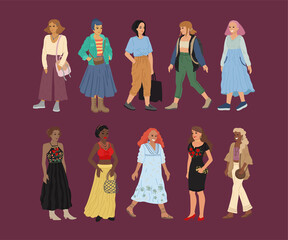 Different races and nationalities of women. A set of characters. Banner design, people illustration.