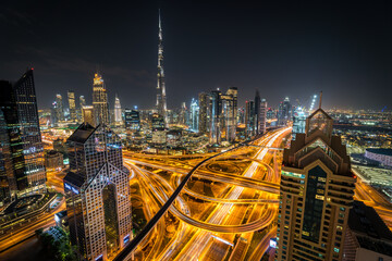 Ausblick Shangri-La Hotel Dubai, Burj Khalifa in der Nacht, Skyline von Dubai