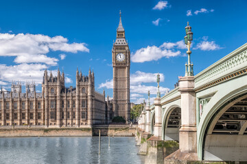 Big Ben and Houses of Parliament with bridge in London, England, UK
