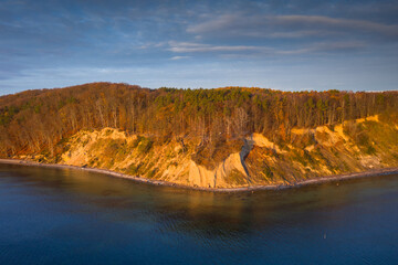 Aerial landscape of the Orlowo cliff at sunrise, Gdynia. Poland