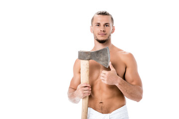  shirtless man in towel posing with ax isolated on white