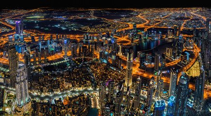 Skyline von Dubai in der Nacht, Blick vom Burj Khalifa, Nachtleben in Dubai