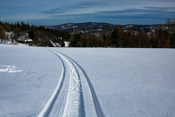 Fototapeta na wymiar snowmobile tracks in snow