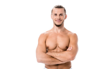  sexy shirtless man posing with crossed arms isolated on white