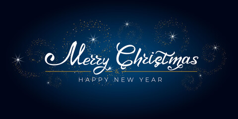 Naklejka na ściany i meble Merry Christmas and Happy New Year 2021. Greeting card with hand drawn lettering gold glittering on blue background. For holiday invitations, banner, poster. Vector illustration.