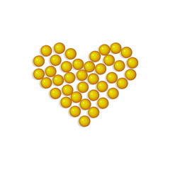 Heart of round dragees, vitamins. Vector illustration, realistic design, isolated on white background, eps 10. Concept: vitamins useful for the work of the heart, omega, fatty acids, oil capsules.