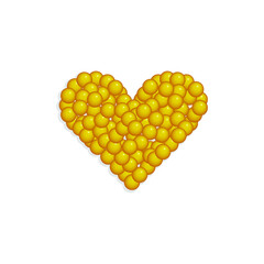 Yellow pills vitamins are decomposed in the shape of a heart. Concept: the importance of vitamins and fatty acids, omegas for heart function. Vector illustration, realistic cartoon design, isolated.