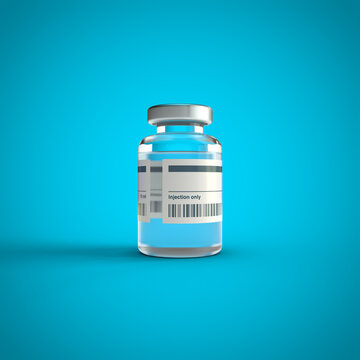 Photo-real 3D render of vaccine vial with barcode & English instructions on blue background.