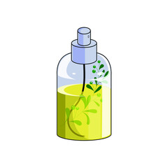 Plant-based spray oil in a transparent bottle with a dispenser and a branch with leaves and berries inside the bottle. Vector illustration, flat cartoon color design, isolated on white background, eps