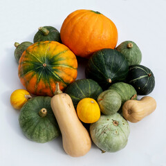 Still life of pumpkins in various shapes and colours
