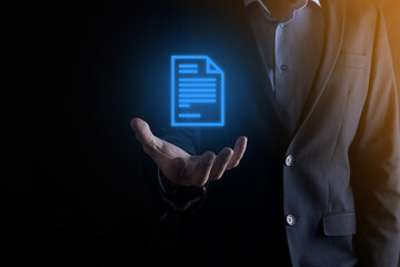 Businessman man holding a document icon in his hand Document Management Data System Business...