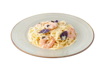 Spaghetti with shrimps pasta isolated on white
