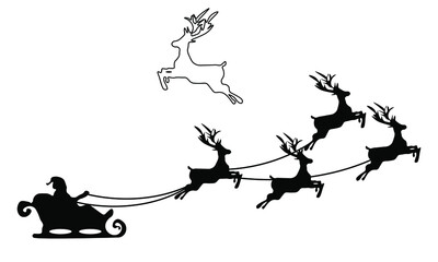 Santa Claus in his Christmas sleigh with reindeer flying through the air