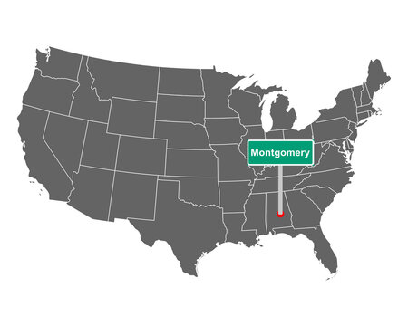 Montgomery Ortsschild und Karte der USA