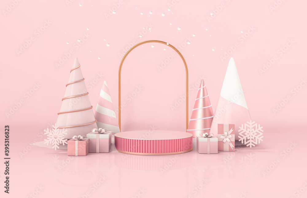 Aufkleber christmas podium backdrop for product display. 3d render.