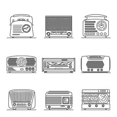 Set of simple vector images of retro radio drawn in art line style.