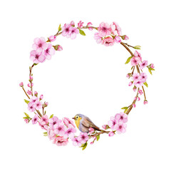 Watercolor Sakura wreath. Hand drawn Blossoning cherry branches with bird frame