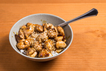 Rice with teriyaki chicken grill