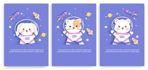 Set of baby shower greeting cards with a cute animals journey into the galaxy . © Nattapohn
