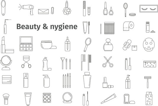 Vector set of beauty and hygiene icons. Images can be resized in a simple personal care style. Black lines on a white background