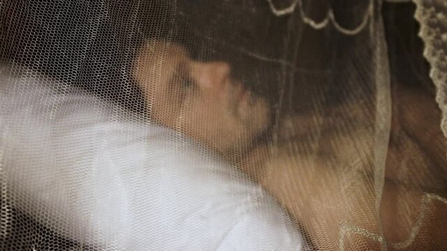 man lies under mosquito net at night