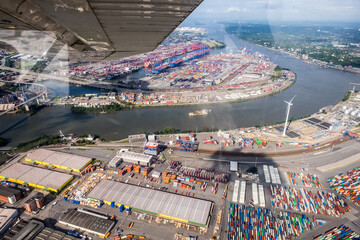 Elbe river winding through Port of Hamburg