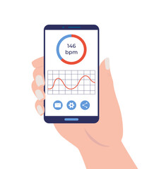 Hand holding smartphone with heart rate monitoring app. 