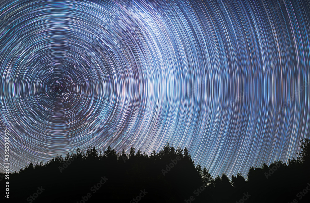 Wall mural beautiful starry sky with star trails behind the trees silhouette. space background. abstract long e