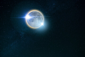 Obraz na płótnie Canvas Beautiful fantastic full moon with light rays on the starry sky.
