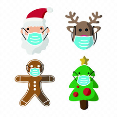 Vector image. Different Christmas drawings with a mask. Christmas with mask.