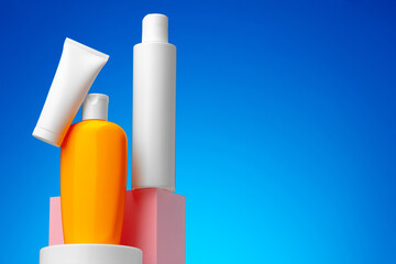 Skincare beauty products container against blue background