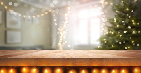 A wood table, tabletop product display with fairy lights under it and a festive living room...