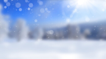 A festive Christmas, New Year outdoor background of blue sky, snow and sunshine bokeh.