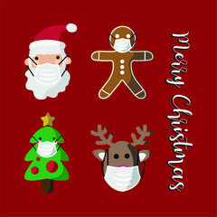 Vector image. Different Christmas drawings with a mask. Christmas with mask.