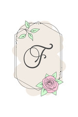 Elegant initial letter F with rose flower. Graphic Floral Alphabet. Botanical Monogram Font Logo or Icon. Typography element design for emblem, label, greeting or wedding cards, decoration ideas.