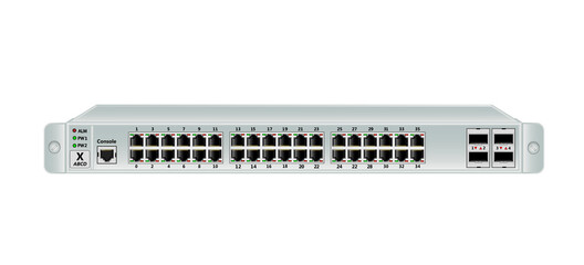 The Ethernet 1U switch for mounting with a 19-inch rack with 40 ports, including four backbones port. One consol port. The color of the switch is light. Vector illustration.
