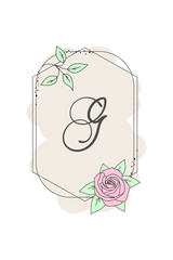 Elegant initial letter G with rose flower. Graphic Floral Alphabet. Botanical Monogram Font Logo or Icon. Typography element design for emblem, label, greeting or wedding cards, decoration ideas.