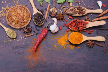 Spoon of assorted spices chili garlic salt kosher pepper paste on stone table top view with copy space.