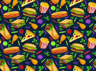 Vector seamless pattern with fast food food items. Hamburgers, cheeseburgers, roll, sandwich, fries, pizza, donut, muffin, chicken, tomatoes, onions, cucumbers and meat. Harmful, unhealthy diet