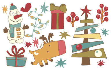 Collection of Christmas hand drawn elements in vector flat style. Snowman, Santa s deer, fir tree, boxes with gifts and stars, branches with red berries and other symbols of Christmas and New Year.