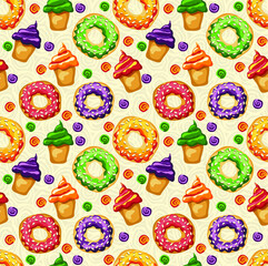 Vector seamless pattern with desserts, donuts and cupcakes. Beautiful junk food sweets. Unhealthy food. Appetizing background