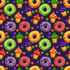 Naklejka premium Vector seamless pattern with desserts, donuts and cupcakes. Beautiful junk food sweets. Unhealthy food. Appetizing background