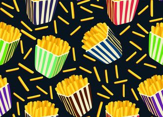
Vector seamless pattern with pitched fries. beautiful boxes with fast food. Bad food for the cinema. Appetizing background
