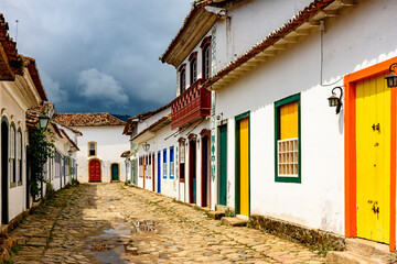 Old houses in colonial architecture and cobblestone streets in the historic city of Paraty on the...