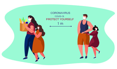 Сharacters with Children in Medical Masks Keep Distance When They Go Shopping during Covid 19 Pandemic.Social Distance.Protect Yourself.Rules for Shopping in Quarantine.Flat Vector Illustration
