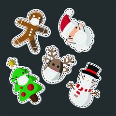 Vector image. Different Christmas drawings with a mask. Christmas with mask.