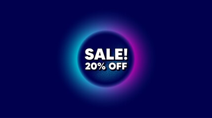Sale 20% off discount. Abstract neon background with dotwork shape. Promotion price offer sign. Retail badge symbol. Offer neon banner. Sale badge. Space background with abstract planet. Vector
